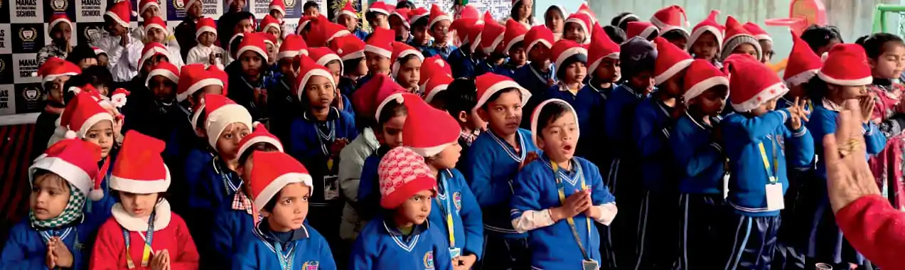 Christmas celebration - students in Santa hats